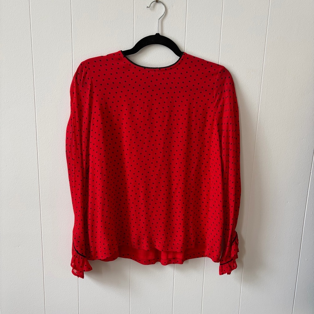 NWOT Ganni Red and Black Long Sleeve Ruffle Polka Dot Blouse 38 Small